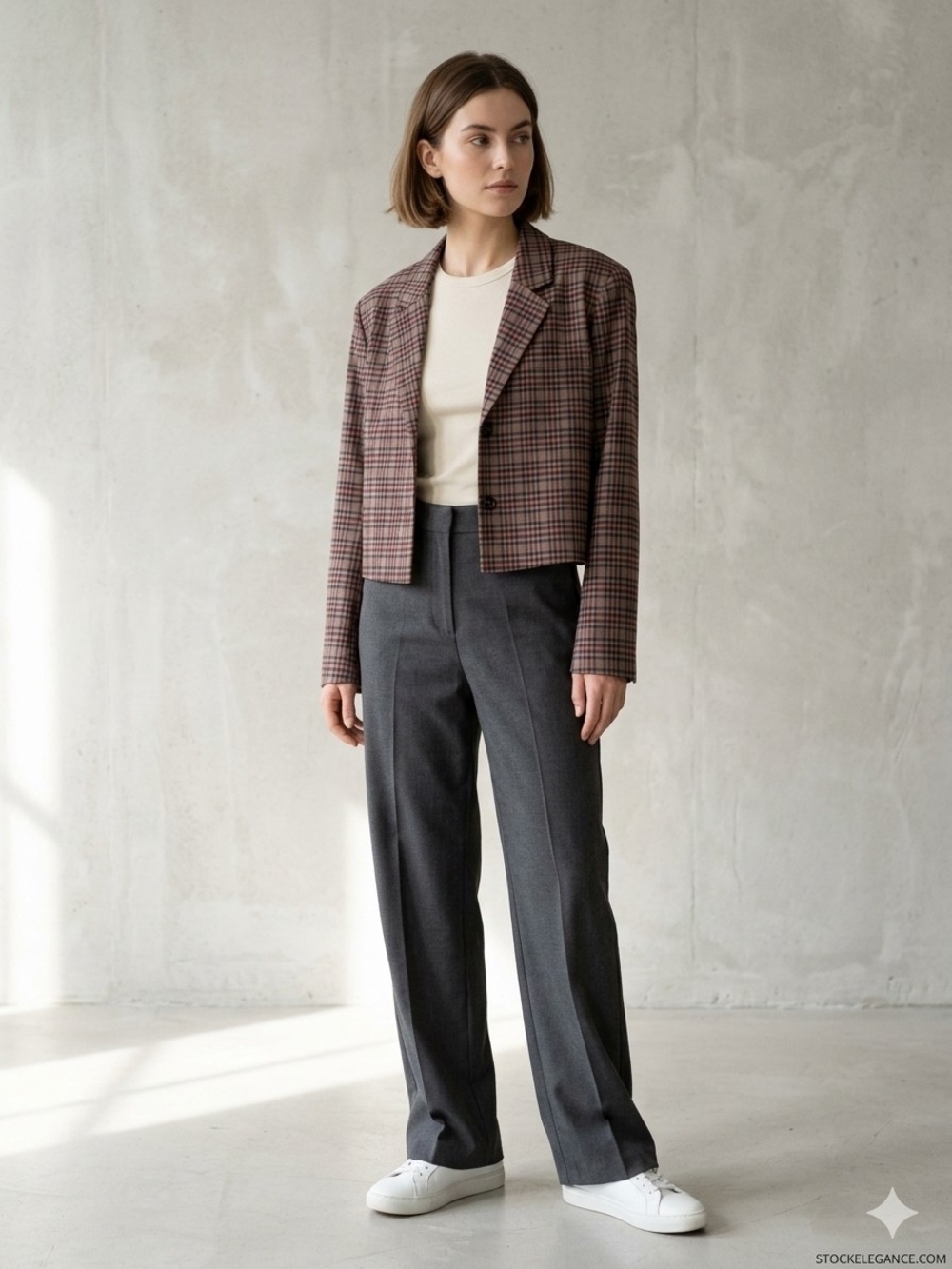 Minimum Cropped Plaid Blazer - Brown, Black